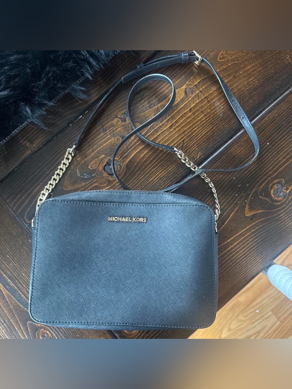 Michael Kors Black Leather Crossbody with Gold Chain